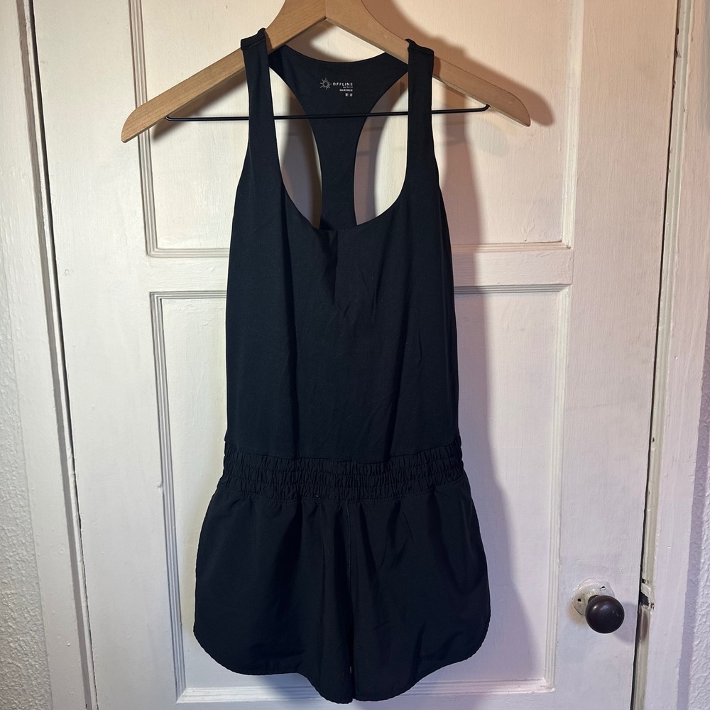 OFFLINE by Aerie Real Me Romper Black Medium Activewear Racerback Smocked Waist